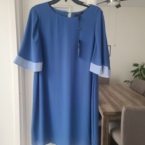 BCBGMaxAzria Blue Midi Shift Dress with Light Blue Contrast Cuffs